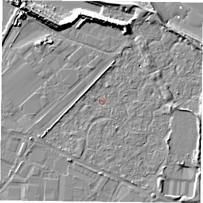 Shaded relief map of the ground around PO35UD, computed from Environment Agency LiDAR. The ground here sits at about 2 m above sea level and falls 13 m across the surrounding 800 m. Surface water reaching this point runs off ground lying to the west-south-west, 3.6 m higher.