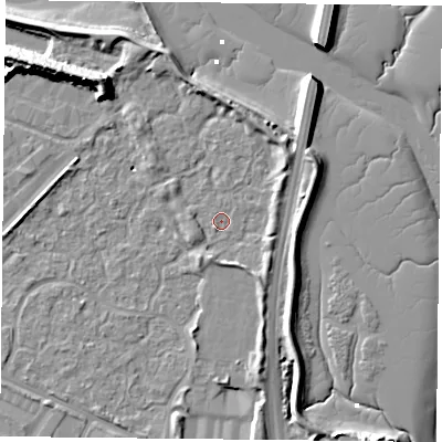 Shaded relief map of the ground around PO35UE, computed from Environment Agency LiDAR. The ground here sits at about 2 m above sea level and falls 14 m across the surrounding 800 m. Surface water reaching this point runs off ground lying to the north, 3.5 m higher.