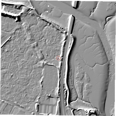 Shaded relief map of the ground around PO35UF, computed from Environment Agency LiDAR. The ground here sits at about 2 m above sea level and falls 14 m across the surrounding 800 m. Surface water reaching this point runs off ground lying to the south-south-east, 2.4 m higher.