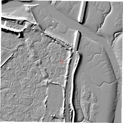 Shaded relief map of the ground around PO35UG, computed from Environment Agency LiDAR. The ground here sits at about 2 m above sea level and falls 14 m across the surrounding 800 m. Surface water reaching this point runs off ground lying to the north-east, 3.2 m higher.