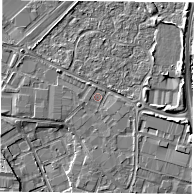 Shaded relief map of the ground around PO35UH, computed from Environment Agency LiDAR. The ground here sits at about 3 m above sea level and falls 5 m across the surrounding 800 m. Surface water reaching this point runs off ground lying to the south-west, 0.6 m higher.
