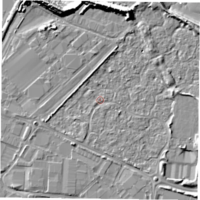 Shaded relief map of the ground around PO35UJ, computed from Environment Agency LiDAR. The ground here sits at about 2 m above sea level and falls 12 m across the surrounding 800 m. Surface water reaching this point runs off ground lying to the south-south-west, 1.9 m higher.