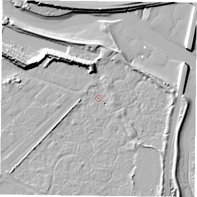 Shaded relief map of the ground around PO35UL, computed from Environment Agency LiDAR. The ground here sits at about 2 m above sea level and falls 13 m across the surrounding 800 m. Surface water reaching this point runs off ground lying to the north-north-west, 9.6 m higher.