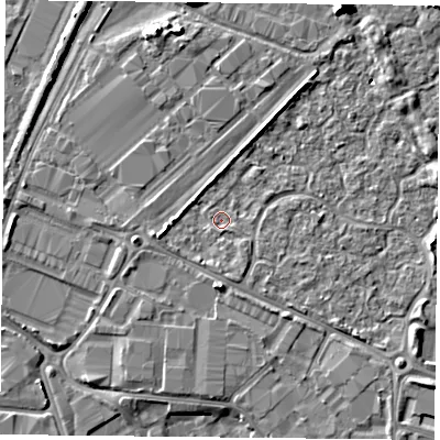 Shaded relief map of the ground around PO35UN, computed from Environment Agency LiDAR. The ground here sits at about 3 m above sea level and falls 10 m across the surrounding 800 m. Surface water reaching this point runs off ground lying to the south-south-east, 0.8 m higher.