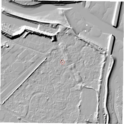 Shaded relief map of the ground around PO35UP, computed from Environment Agency LiDAR. The ground here sits at about 2 m above sea level and falls 13 m across the surrounding 800 m. Surface water reaching this point runs off ground lying to the north-north-west, 9.6 m higher.