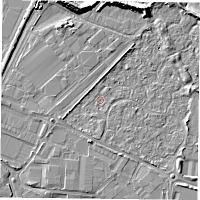 Shaded relief map of the ground around PO35UR, computed from Environment Agency LiDAR. The ground here sits at about 2 m above sea level and falls 12 m across the surrounding 800 m. Surface water reaching this point runs off ground lying to the west-south-west, 2.8 m higher.
