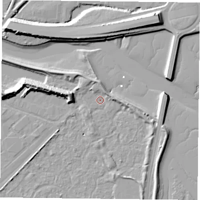 Shaded relief map of the ground around PO35US, computed from Environment Agency LiDAR. The ground here sits at about 2 m above sea level and falls 14 m across the surrounding 800 m. Surface water reaching this point runs off ground lying to the north, 3.0 m higher.