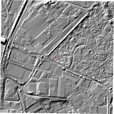 Shaded relief map of the ground around PO35UT, computed from Environment Agency LiDAR. The ground here sits at about 3 m above sea level and falls 10 m across the surrounding 800 m. Surface water reaching this point runs off ground lying to the south-south-east, 2.0 m higher.