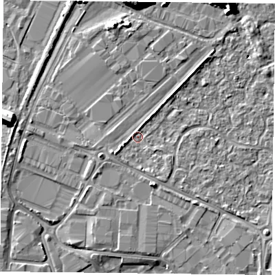 Shaded relief map of the ground around PO35UU, computed from Environment Agency LiDAR. The ground here sits at about 3 m above sea level and falls 11 m across the surrounding 800 m. Surface water reaching this point runs off ground lying to the south-west, 2.4 m higher.