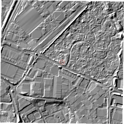 Shaded relief map of the ground around PO35UW, computed from Environment Agency LiDAR. The ground here sits at about 3 m above sea level and falls 6 m across the surrounding 800 m. Surface water reaching this point runs off ground lying to the south-south-east, 0.8 m higher.