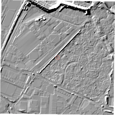 Shaded relief map of the ground around PO35UX, computed from Environment Agency LiDAR. The ground here sits at about 2 m above sea level and falls 12 m across the surrounding 800 m. Surface water reaching this point runs off ground lying to the south-west, 2.8 m higher.