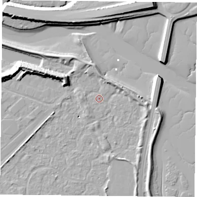 Shaded relief map of the ground around PO35UY, computed from Environment Agency LiDAR. The ground here sits at about 2 m above sea level and falls 14 m across the surrounding 800 m. Surface water reaching this point runs off ground lying to the north-north-east, 3.5 m higher.