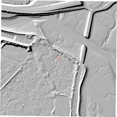 Shaded relief map of the ground around PO35UZ, computed from Environment Agency LiDAR. The ground here sits at about 2 m above sea level and falls 14 m across the surrounding 800 m. Surface water reaching this point runs off ground lying to the north-north-west, 3.5 m higher.