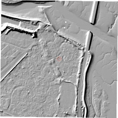 Shaded relief map of the ground around PO35XA, computed from Environment Agency LiDAR. The ground here sits at about 2 m above sea level and falls 14 m across the surrounding 800 m. Surface water reaching this point runs off ground lying to the west-north-west, 1.8 m higher.