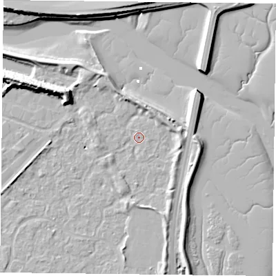 Shaded relief map of the ground around PO35XB, computed from Environment Agency LiDAR. The ground here sits at about 2 m above sea level and falls 14 m across the surrounding 800 m. Surface water reaching this point runs off ground lying to the north-north-west, 3.5 m higher.