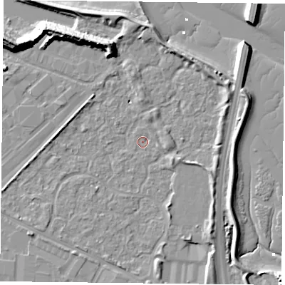 Shaded relief map of the ground around PO35XD, computed from Environment Agency LiDAR. The ground here sits at about 2 m above sea level and falls 13 m across the surrounding 800 m. Surface water reaching this point runs off ground lying to the south-west, 1.8 m higher.