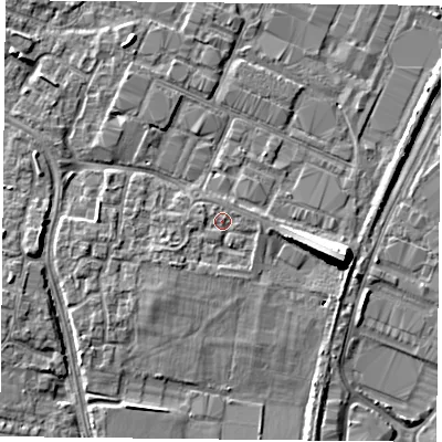 Shaded relief map of the ground around PO35XE, computed from Environment Agency LiDAR. The ground here sits at about 3 m above sea level and falls 10 m across the surrounding 800 m. Surface water reaching this point runs off ground lying to the south-west, 1.5 m higher.