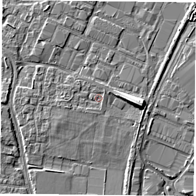 Shaded relief map of the ground around PO35XH, computed from Environment Agency LiDAR. The ground here sits at about 3 m above sea level and falls 10 m across the surrounding 800 m. Surface water reaching this point runs off ground lying to the south-west, 1.2 m higher.