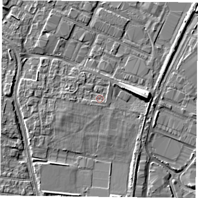 Shaded relief map of the ground around PO35XQ, computed from Environment Agency LiDAR. The ground here sits at about 3 m above sea level and falls 10 m across the surrounding 800 m. Surface water reaching this point runs off ground lying to the west-south-west, 1.1 m higher.