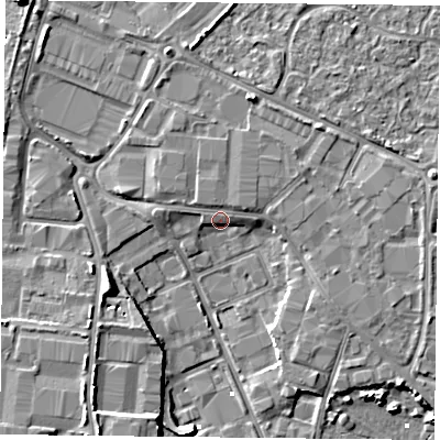 Shaded relief map of the ground around PO35XR, computed from Environment Agency LiDAR. The ground here sits at about 3 m above sea level and falls 8 m across the surrounding 800 m. Surface water reaching this point runs off ground lying to the east-north-east, 2.1 m higher.