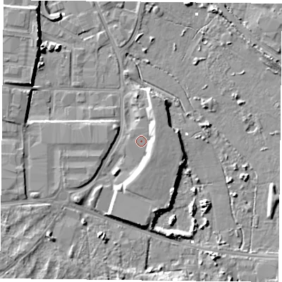 Shaded relief map of the ground around PO35XT, computed from Environment Agency LiDAR. The ground here sits at about 1 m above sea level and falls 8 m across the surrounding 800 m. Surface water reaching this point runs off ground lying to the south-south-east, 2.7 m higher.