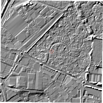 Shaded relief map of the ground around PO35XU, computed from Environment Agency LiDAR. The ground here sits at about 3 m above sea level and falls 6 m across the surrounding 800 m. Surface water reaching this point runs off ground lying to the south-south-west, 1.4 m higher.