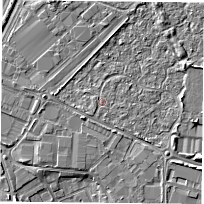 Shaded relief map of the ground around PO35XX, computed from Environment Agency LiDAR. The ground here sits at about 3 m above sea level and falls 5 m across the surrounding 800 m. Surface water reaching this point runs off ground lying to the south-west, 1.0 m higher.