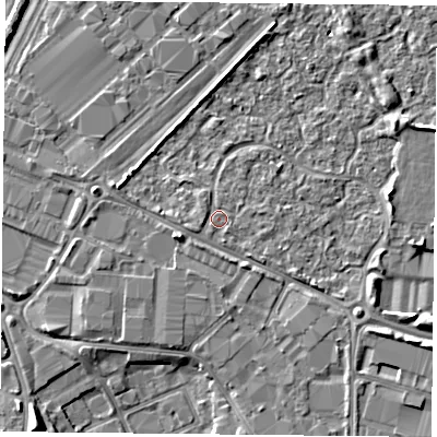 Shaded relief map of the ground around PO35YB, computed from Environment Agency LiDAR. The ground here sits at about 3 m above sea level and falls 6 m across the surrounding 800 m. Surface water reaching this point runs off ground lying to the south-south-east, 0.5 m higher.