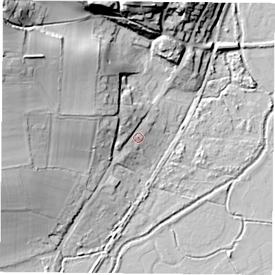 Shaded relief map of the ground around PO360BJ, computed from Environment Agency LiDAR. The ground here sits at about 7 m above sea level and falls 39 m across the surrounding 800 m. Surface water reaching this point runs off ground lying to the west-north-west, 12.8 m higher.