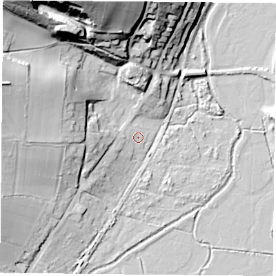 Shaded relief map of the ground around PO360BL, computed from Environment Agency LiDAR. The ground here sits at about 3 m above sea level and falls 52 m across the surrounding 800 m. Surface water reaching this point runs off ground lying to the west, 14.8 m higher.