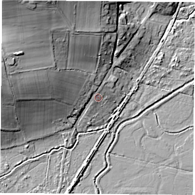 Shaded relief map of the ground around PO360EL, computed from Environment Agency LiDAR. The ground here sits at about 6 m above sea level and falls 32 m across the surrounding 800 m. Surface water reaching this point runs off ground lying to the north-west, 9.6 m higher.