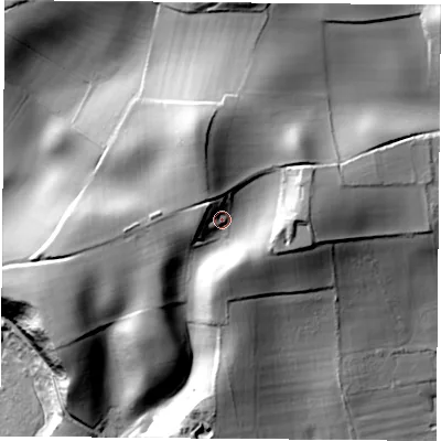 Shaded relief map of the ground around PO360EU, computed from Environment Agency LiDAR. The ground here sits at about 41 m above sea level and falls 60 m across the surrounding 800 m. Surface water reaching this point runs off ground lying to the north-north-west, 13.6 m higher.