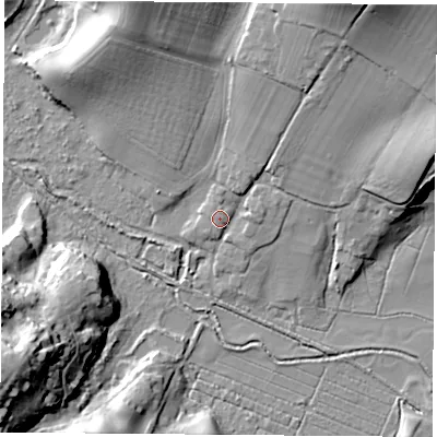 Shaded relief map of the ground around PO360EZ, computed from Environment Agency LiDAR. The ground here sits at about 7 m above sea level and falls 29 m across the surrounding 800 m. Surface water reaching this point runs off ground lying to the north-east, 24.7 m higher.
