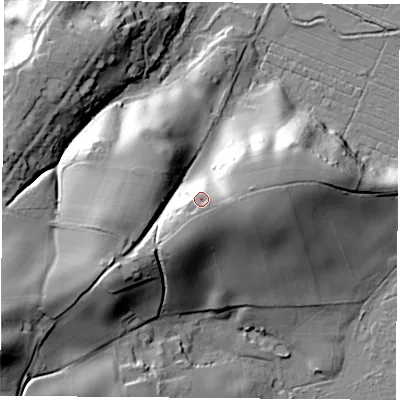 Shaded relief map of the ground around PO360HB, computed from Environment Agency LiDAR. The ground here sits at about 34 m above sea level and falls 47 m across the surrounding 800 m. Surface water reaching this point runs off ground lying to the south-south-west, 5.1 m higher.
