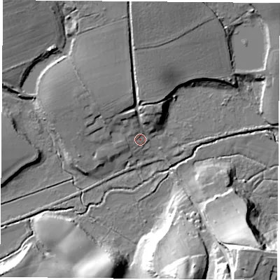 Shaded relief map of the ground around PO360NP, computed from Environment Agency LiDAR. The ground here sits at about 9 m above sea level and falls 34 m across the surrounding 800 m. Surface water reaching this point runs off ground lying to the north, 12.8 m higher.
