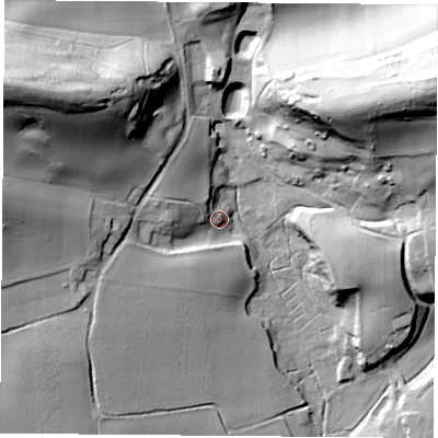 Shaded relief map of the ground around PO360NT, computed from Environment Agency LiDAR. The ground here sits at about 16 m above sea level and falls 69 m across the surrounding 800 m. Surface water reaching this point runs off ground lying to the west-north-west, 15.2 m higher.