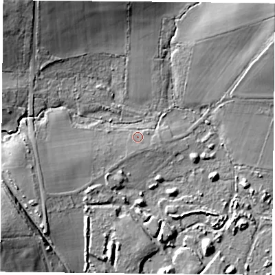 Shaded relief map of the ground around PO360QA, computed from Environment Agency LiDAR. The ground here sits at about 4 m above sea level and falls 31 m across the surrounding 800 m. Surface water reaching this point runs off ground lying to the south-south-west, 2.0 m higher.