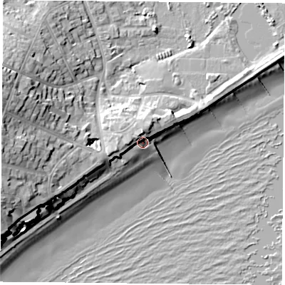 Shaded relief map of the ground around PO368AS, computed from Environment Agency LiDAR. The ground here sits at about 5 m above sea level and falls 21 m across the surrounding 800 m. Surface water reaching this point runs off ground lying to the north, 6.2 m higher.