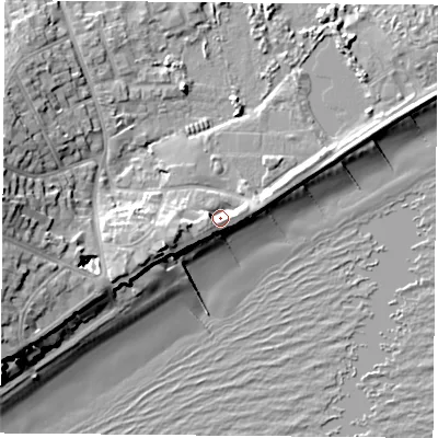 Shaded relief map of the ground around PO368AT, computed from Environment Agency LiDAR. The ground here sits at about 4 m above sea level and falls 16 m across the surrounding 800 m. Surface water reaching this point runs off ground lying to the west-south-west, 4.9 m higher.