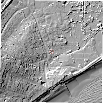 Shaded relief map of the ground around PO368BB, computed from Environment Agency LiDAR. The ground here sits at about 2 m above sea level and falls 24 m across the surrounding 800 m. Surface water reaching this point runs off ground lying to the west-south-west, 20.7 m higher.