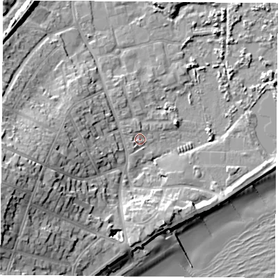 Shaded relief map of the ground around PO368BD, computed from Environment Agency LiDAR. The ground here sits at about 2 m above sea level and falls 24 m across the surrounding 800 m. Surface water reaching this point runs off ground lying to the west-south-west, 20.6 m higher.