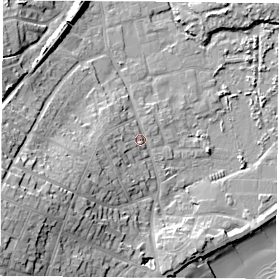 Shaded relief map of the ground around PO368BE, computed from Environment Agency LiDAR. The ground here sits at about 4 m above sea level and falls 27 m across the surrounding 800 m. Surface water reaching this point runs off ground lying to the west, 5.3 m higher.