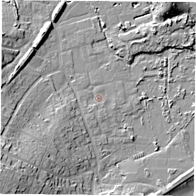 Shaded relief map of the ground around PO368EB, computed from Environment Agency LiDAR. The ground here sits at about 2 m above sea level and falls 25 m across the surrounding 800 m. Surface water reaching this point runs off ground lying to the south-south-west, 2.6 m higher.