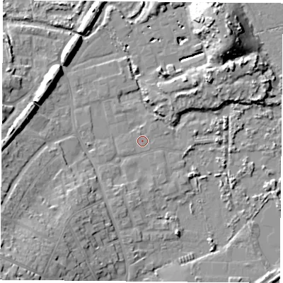 Shaded relief map of the ground around PO368ED, computed from Environment Agency LiDAR. The ground here sits at about 2 m above sea level and falls 23 m across the surrounding 800 m. The ground contributing surface water to this point lies to the south-west.