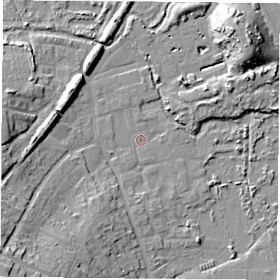 Shaded relief map of the ground around PO368EH, computed from Environment Agency LiDAR. The ground here sits at about 2 m above sea level and falls 24 m across the surrounding 800 m. Surface water reaching this point runs off ground lying to the south-west, 20.0 m higher.