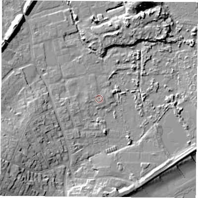 Shaded relief map of the ground around PO368EU, computed from Environment Agency LiDAR. The ground here sits at about 2 m above sea level and falls 20 m across the surrounding 800 m. Surface water reaching this point runs off ground lying to the west, 0.7 m higher.