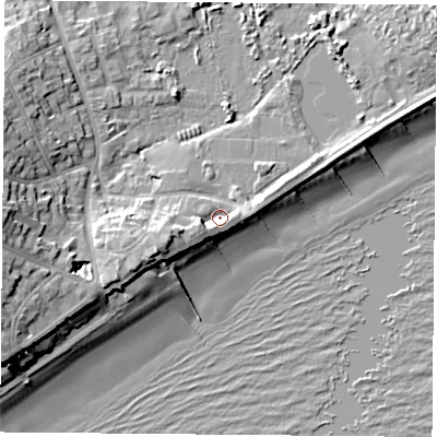 Shaded relief map of the ground around PO368FE, computed from Environment Agency LiDAR. The ground here sits at about 3 m above sea level and falls 15 m across the surrounding 800 m. Surface water reaching this point runs off ground lying to the west-south-west, 4.9 m higher.
