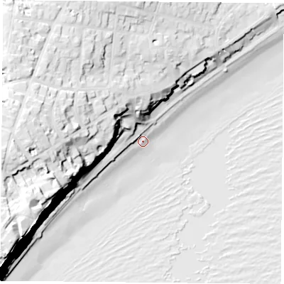 Shaded relief map of the ground around PO368JT, computed from Environment Agency LiDAR. The ground here sits at about 2 m above sea level and falls 46 m across the surrounding 800 m. Surface water reaching this point runs off ground lying to the west-north-west, 19.7 m higher.
