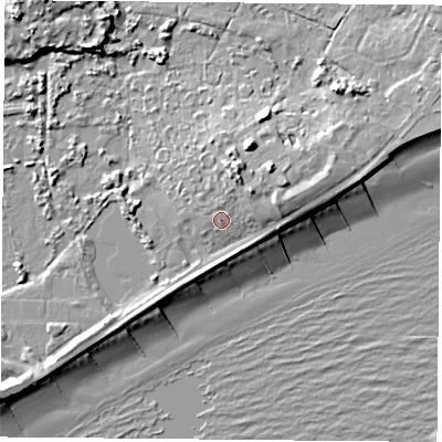 Shaded relief map of the ground around PO368QA, computed from Environment Agency LiDAR. The ground here sits at about 5 m above sea level and falls 11 m across the surrounding 800 m. Surface water reaching this point runs off ground lying to the north-north-east, 3.6 m higher.