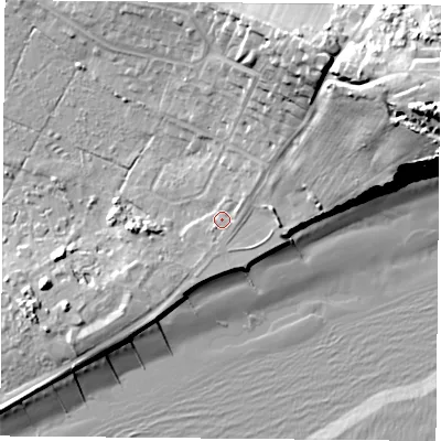 Shaded relief map of the ground around PO368QB, computed from Environment Agency LiDAR. The ground here sits at about 5 m above sea level and falls 36 m across the surrounding 800 m. Surface water reaching this point runs off ground lying to the north-east, 3.2 m higher.